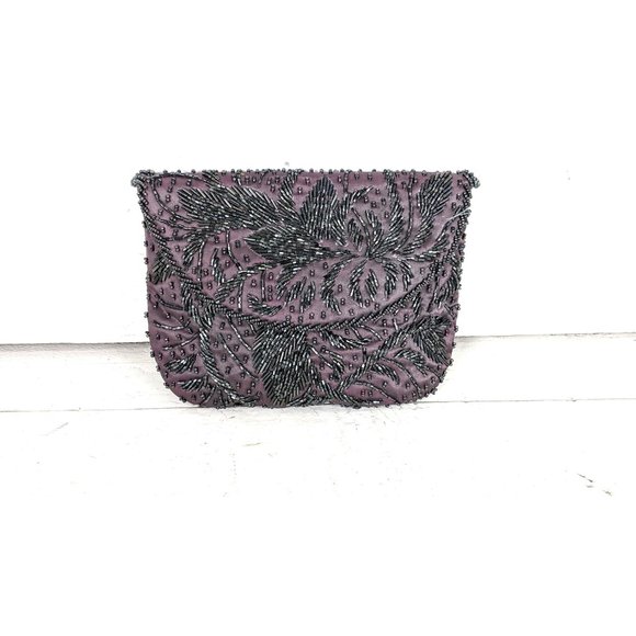 Vintage grey floral beaded small clutch evening handbag purse - Picture 2 of 5